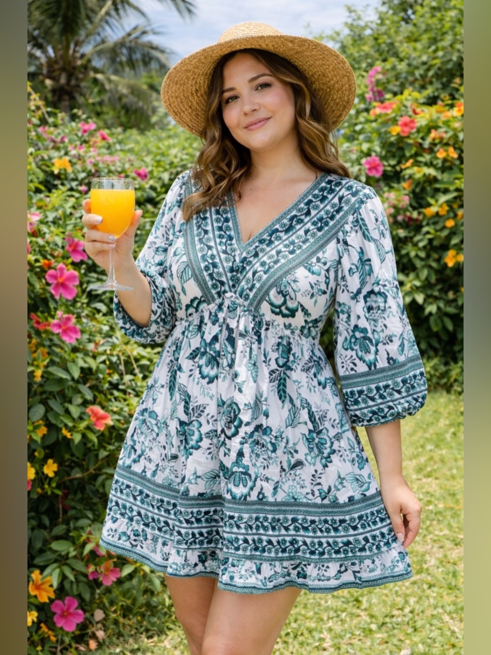 BTFBM Dress Boho Floral L Green White Elegant Chic Summer Flow